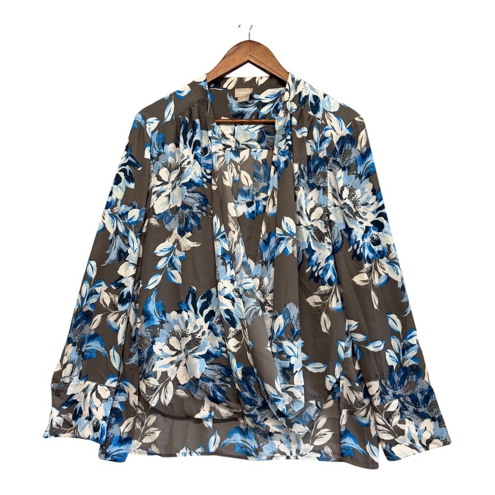 Chico's Tunic Top Women 3 XL Floral Faux Wrap Surplice Long Sleeve Career Office